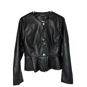 Baccini Black Faux Leather Round Neck Peplum Jacket with Silver Buttons